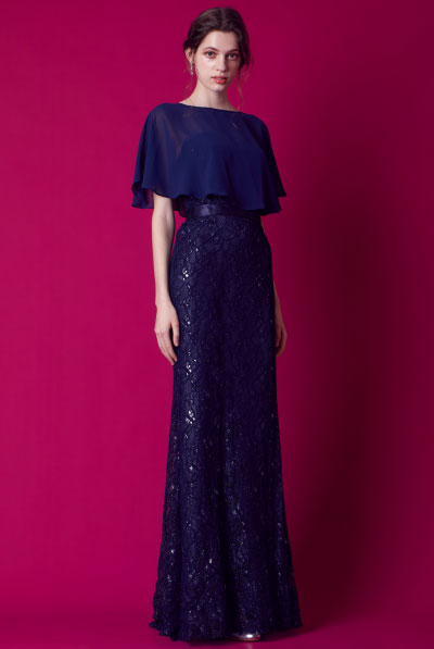 ケープ付き総レースマーメイドスタイルネイビードレス