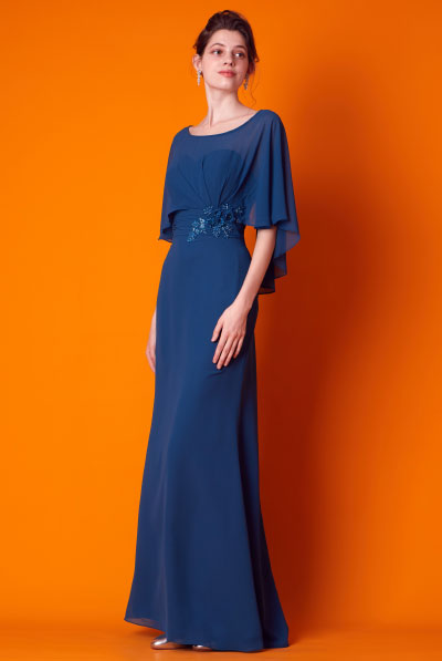 フレアケープデザイングリーンシフォンマーメイドドレス