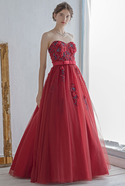 立体フラワーモチーフ付きウエストリボンボリュームチュールドレス