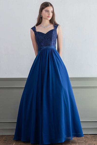 ラメフラワーレースシフォンロングドレス