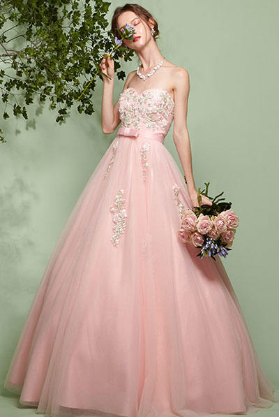 立体フラワーモチーフ付きウエストリボンボリュームチュールドレス