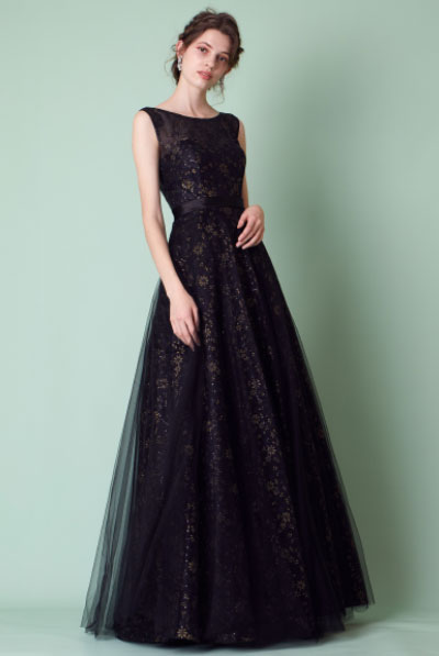 レーススパンコールブラックチュールフレアドレス