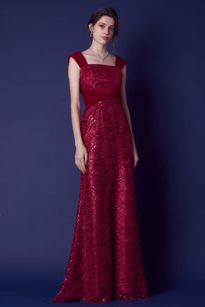 総レースマーメイドワインカラーロングドレス
