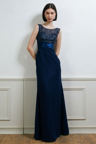 スパンコールレースシフォンマーメイドネイビードレス