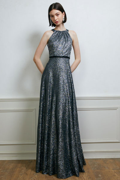 ホルターネックスパークリンググリッターダークグレードレス