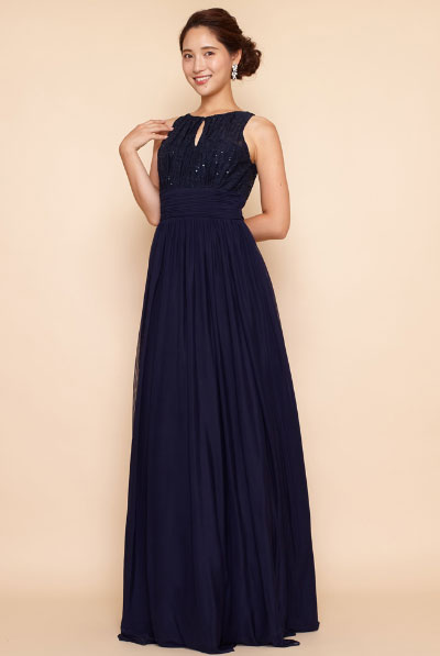 ボレロ付きウェスト刺繍シフォンロングドレス