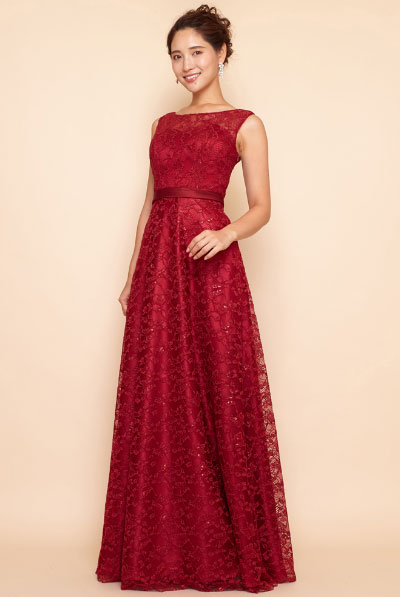 ワインレッドカラーエレガント総レースロングドレス